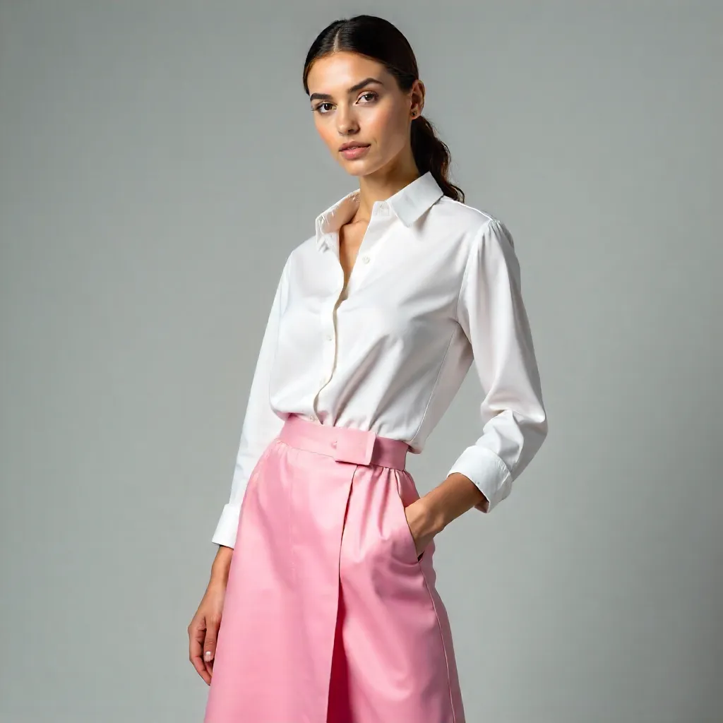 Elegant Studio Poses in White Shirt and Pink Skirt
