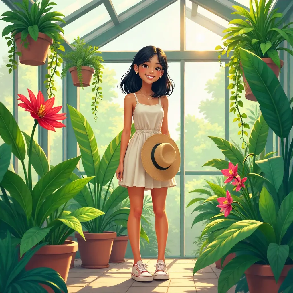 Cheerful Latina in a Sunlit Greenhouse