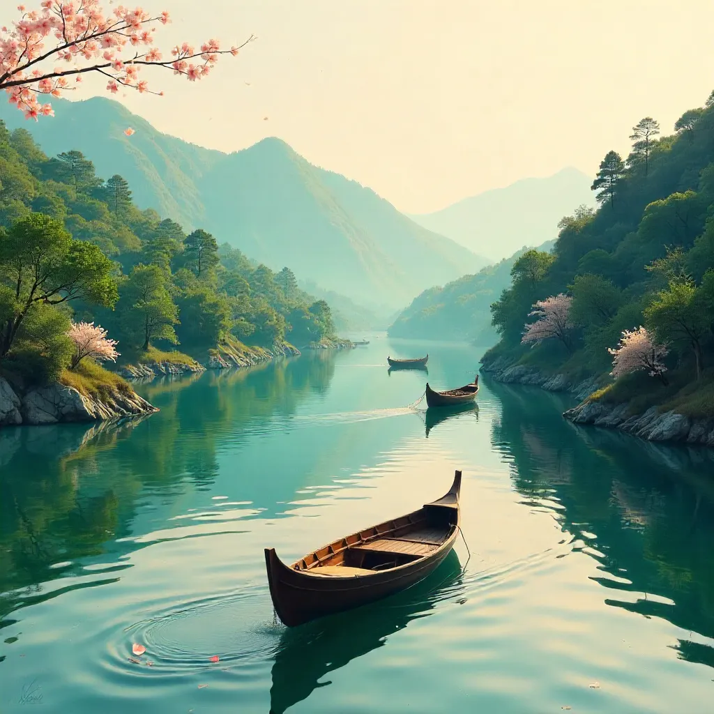 Elegant Wooden Boats on a Tranquil Japanese River