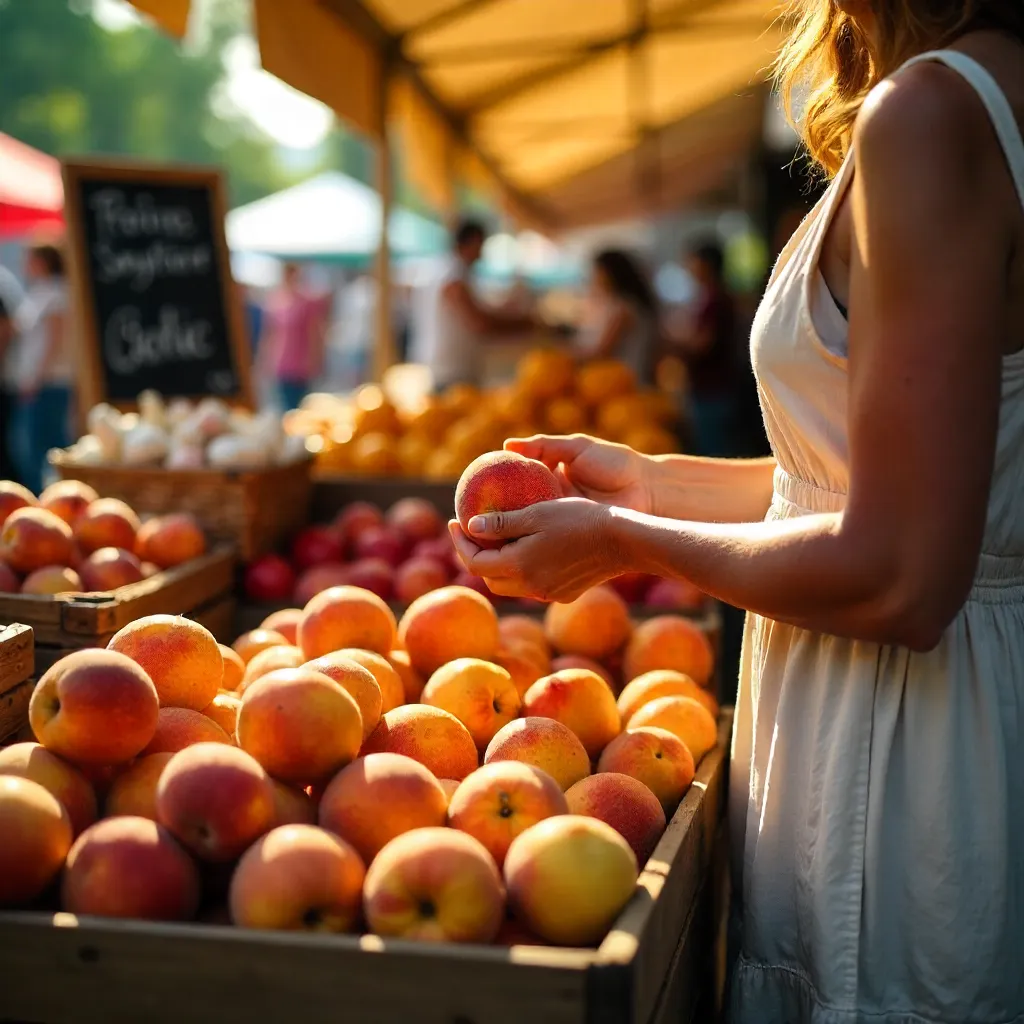 Picking Fresh Peaches at a Colorful Outdoor Market