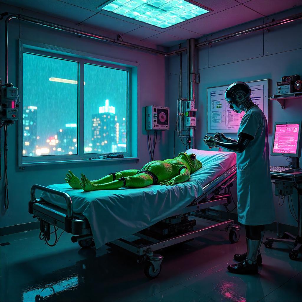 Neon Frog Heals in a Cyberpunk Hospital Ward