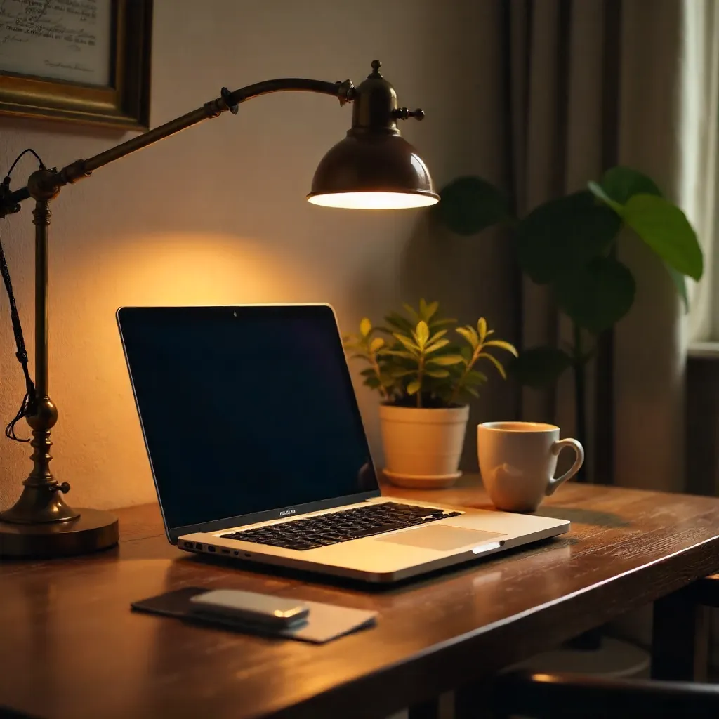 Cozy Home Office with Laptop, Coffee, and Warm Lamp