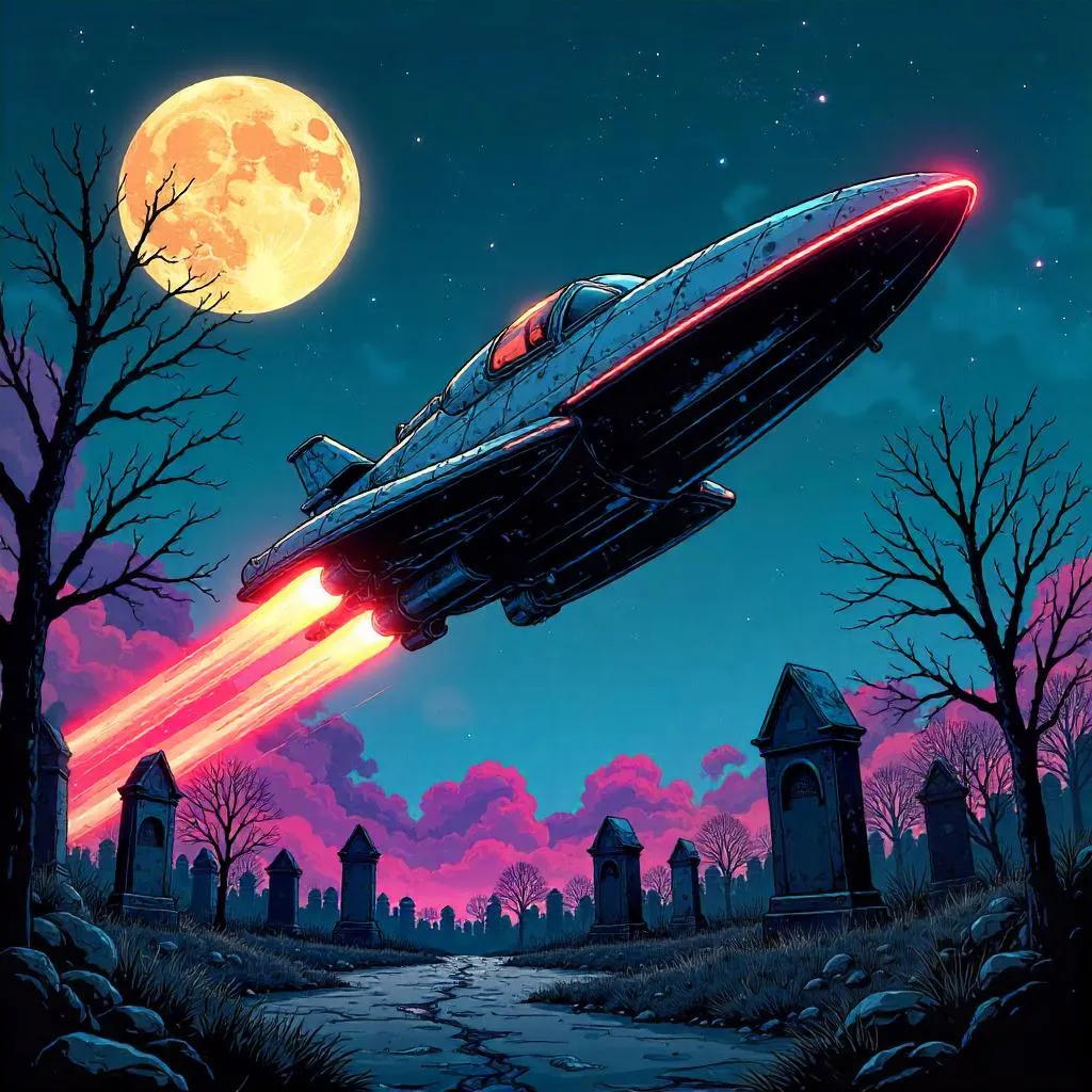 Comic-Book Spaceship Over a Graveyard