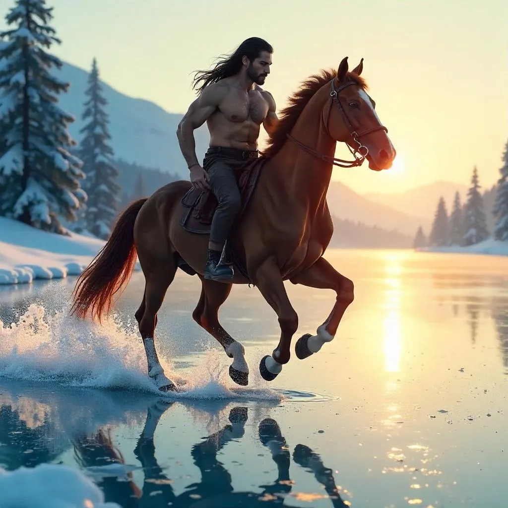 Photoreal Centaur on a Frozen Lake at Dusk