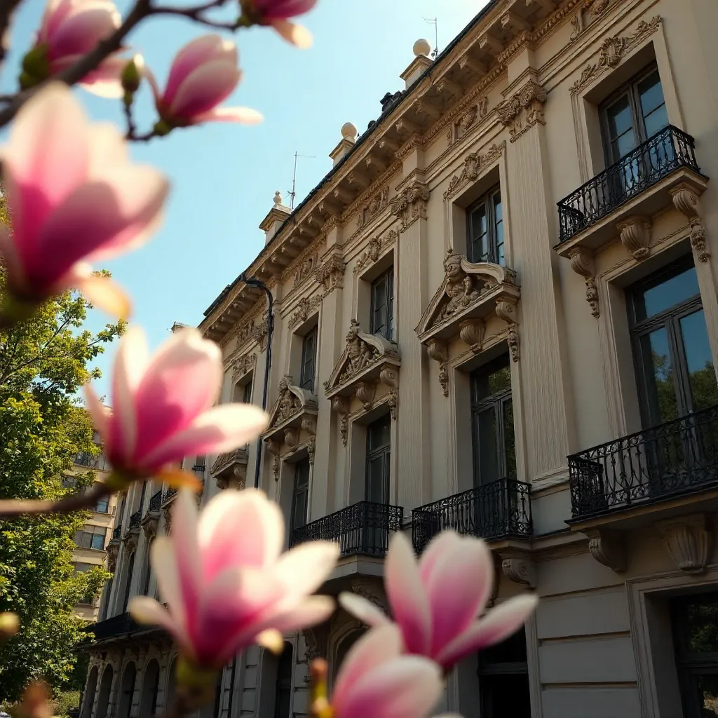 Magnolia Framed Architecture under a Clear Sky