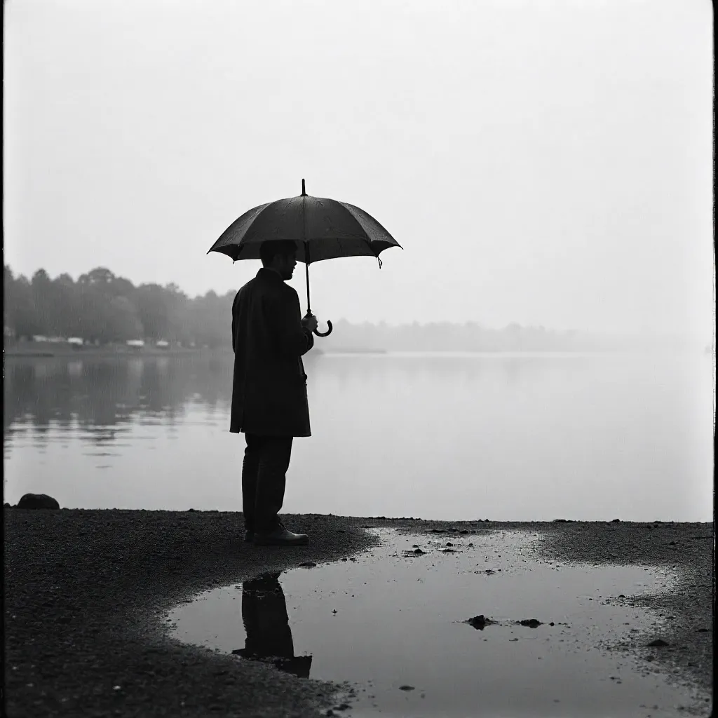 Silhouette with Umbrella by Rainy Water
