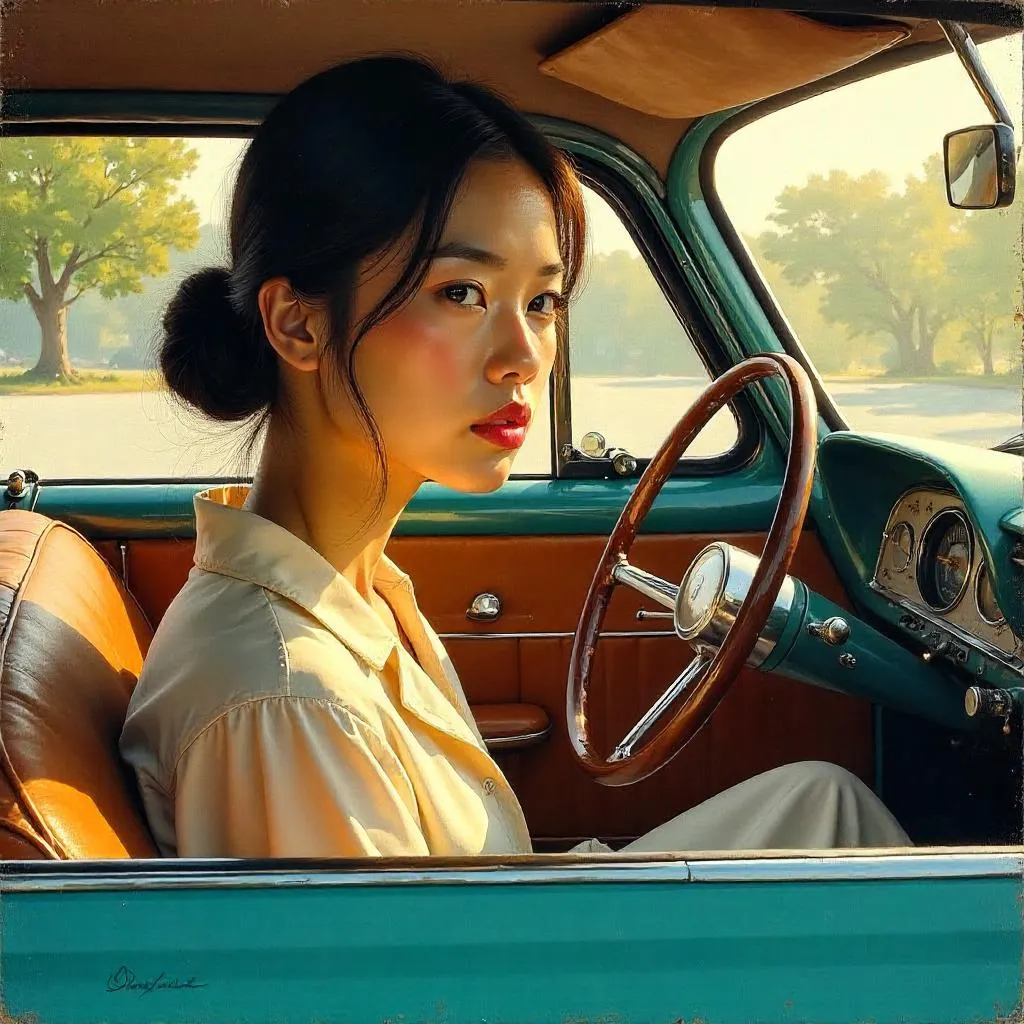 Oil Portrait: Young Asian Woman in a Car