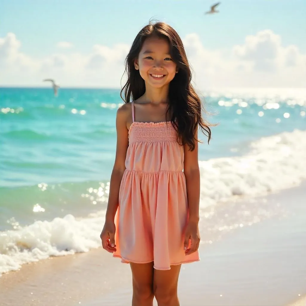 Cheerful Asian Girl by the Ocean - Photorealistic