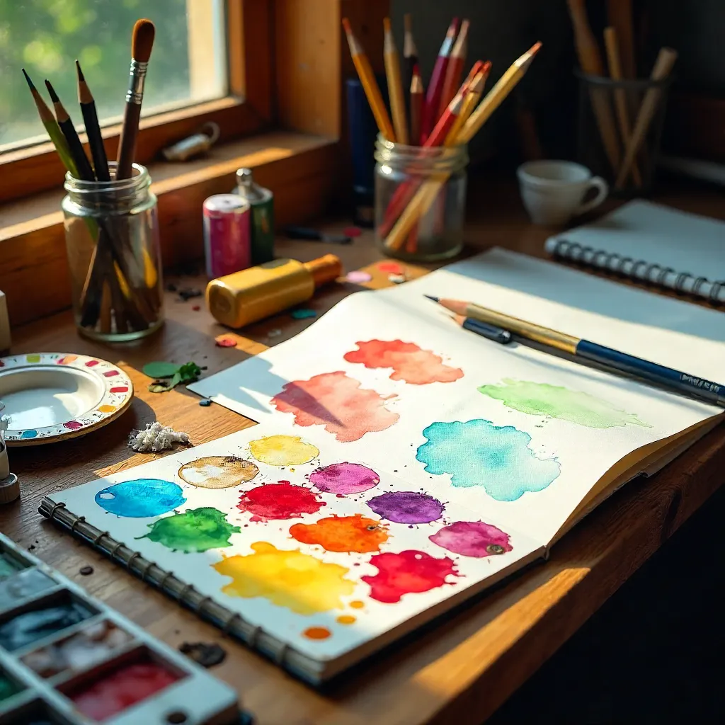 Colorful Art Supplies on a Rustic Desk
