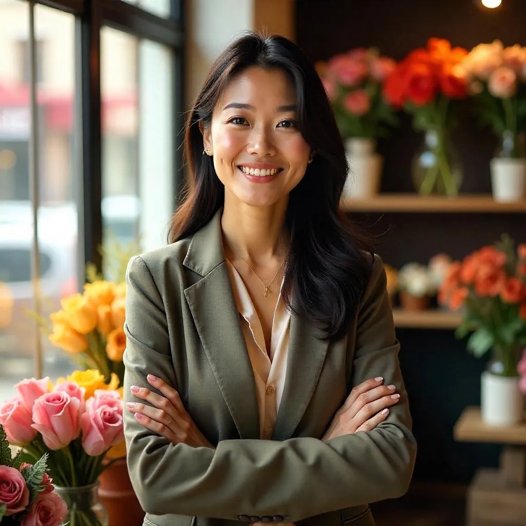 Confident Asian Woman in a Lush Flower Shop