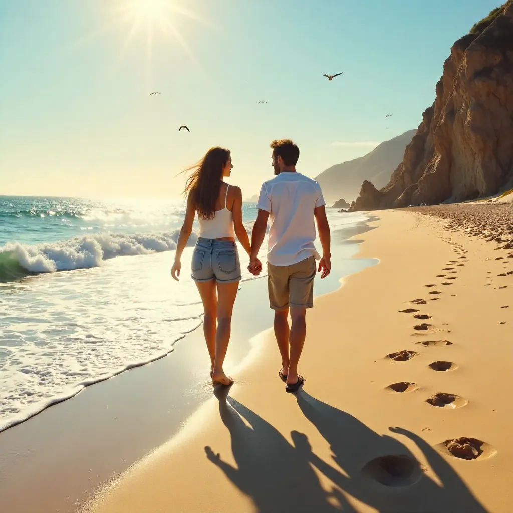 Couple Strolling on a Sunlit Beach with Crashing Waves