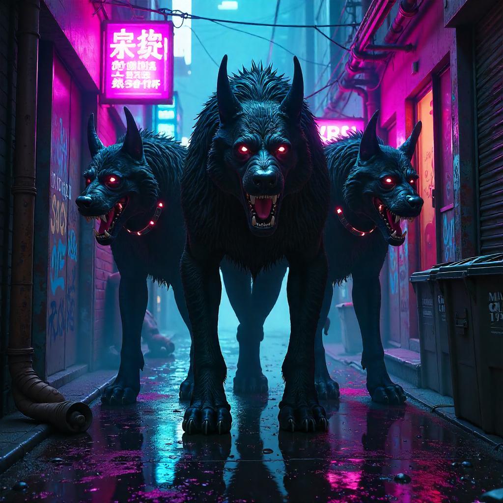 Cerberus in a Neon Alley Concept Art