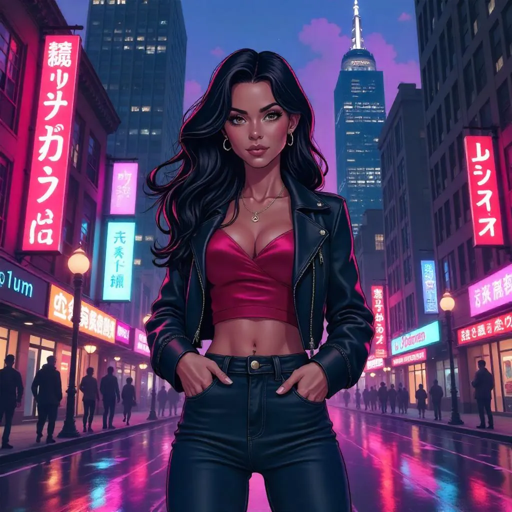 Confident Latina in Neon Anime City Street