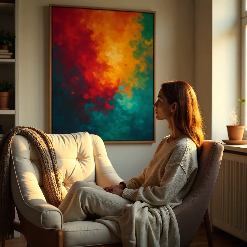 Cozy Room Reverie: Woman Contemplates Colorful Wall Art