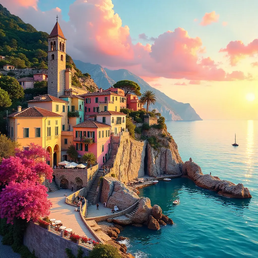Sunset in Menton: Pastel Houses and Historic Church
