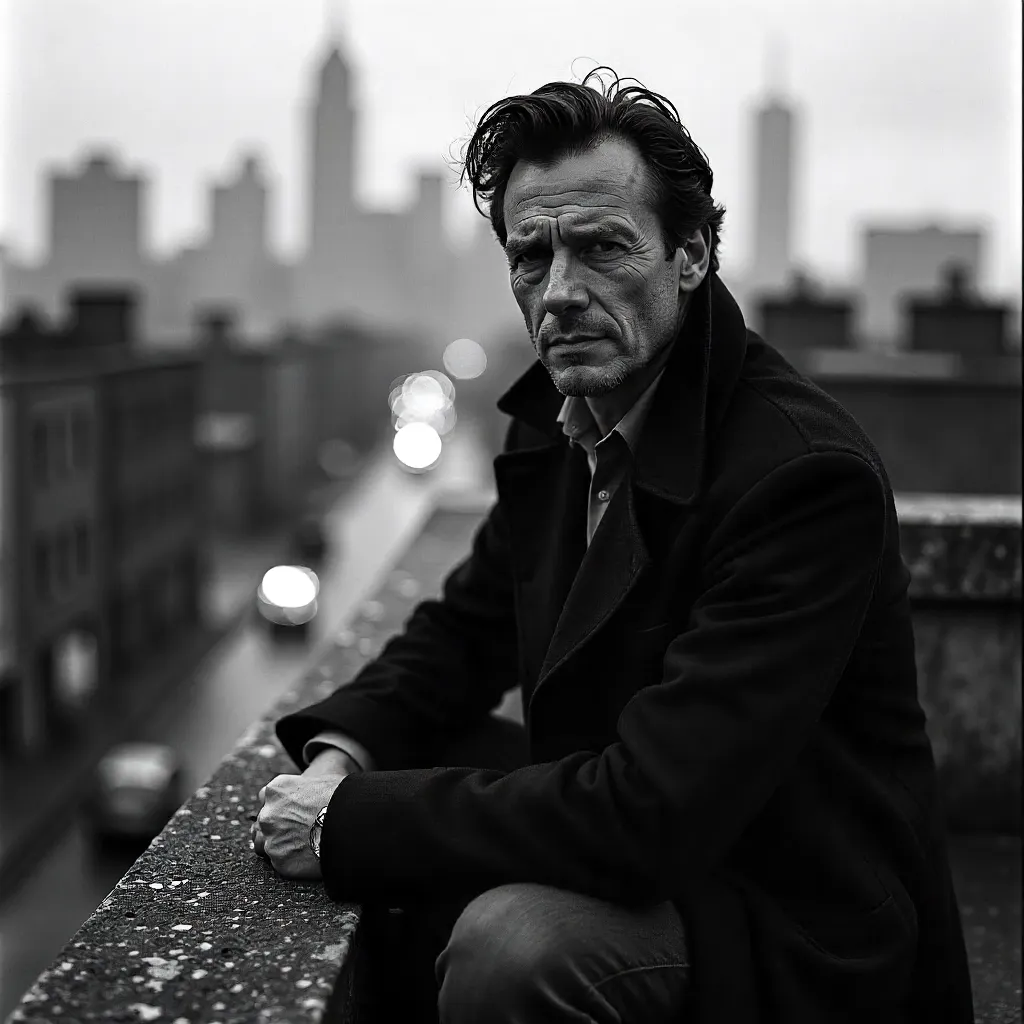 Midnight Rooftop Portrait: Urban Noir in Black and White