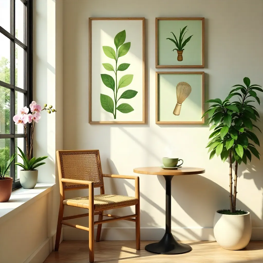 Elegant Matcha Café Corner with Floral Decor
