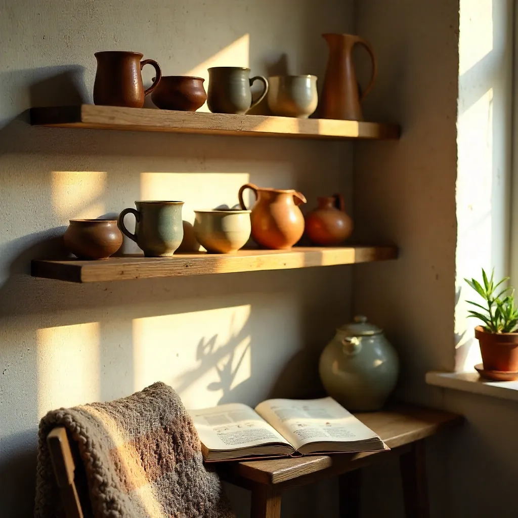 Cozy Wooden Shelves: Handmade Pottery & Book