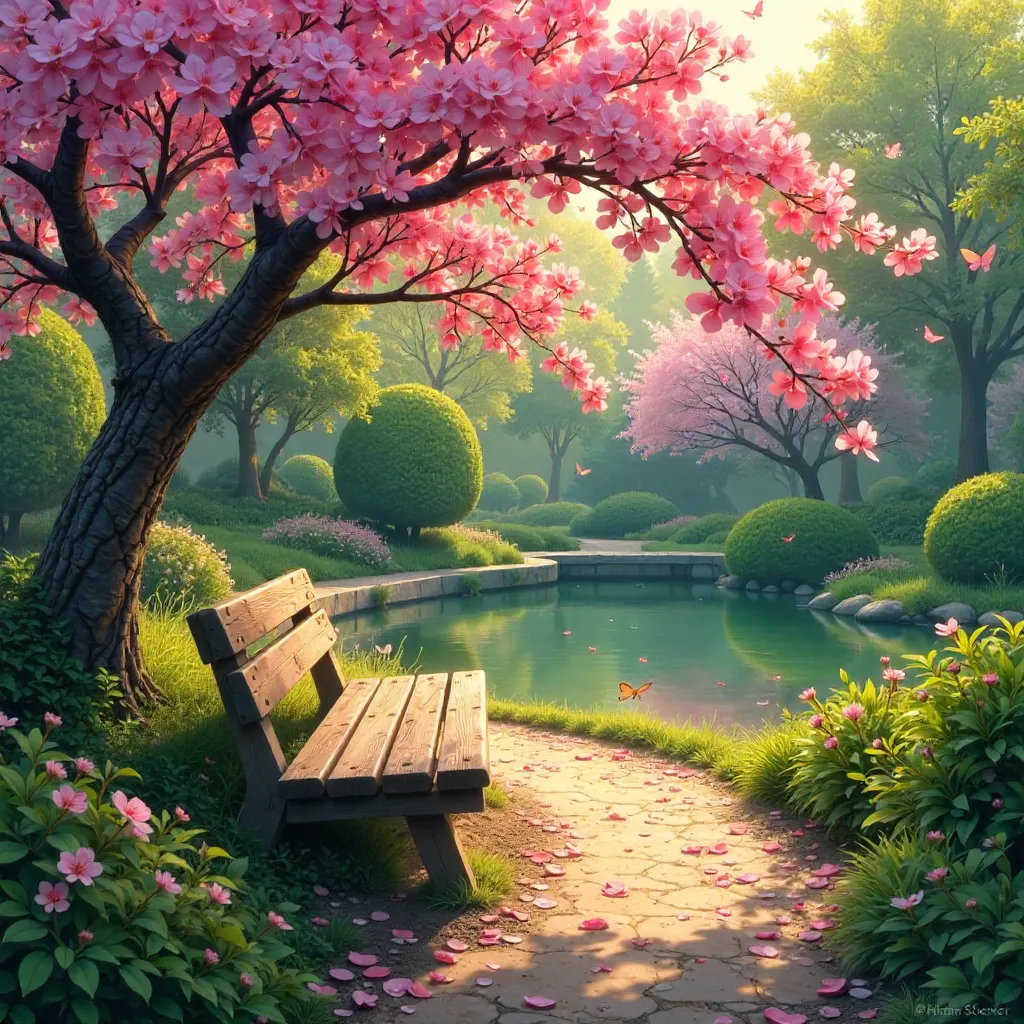 Tranquil Garden: Benches, Blooming Tree, Soft Light