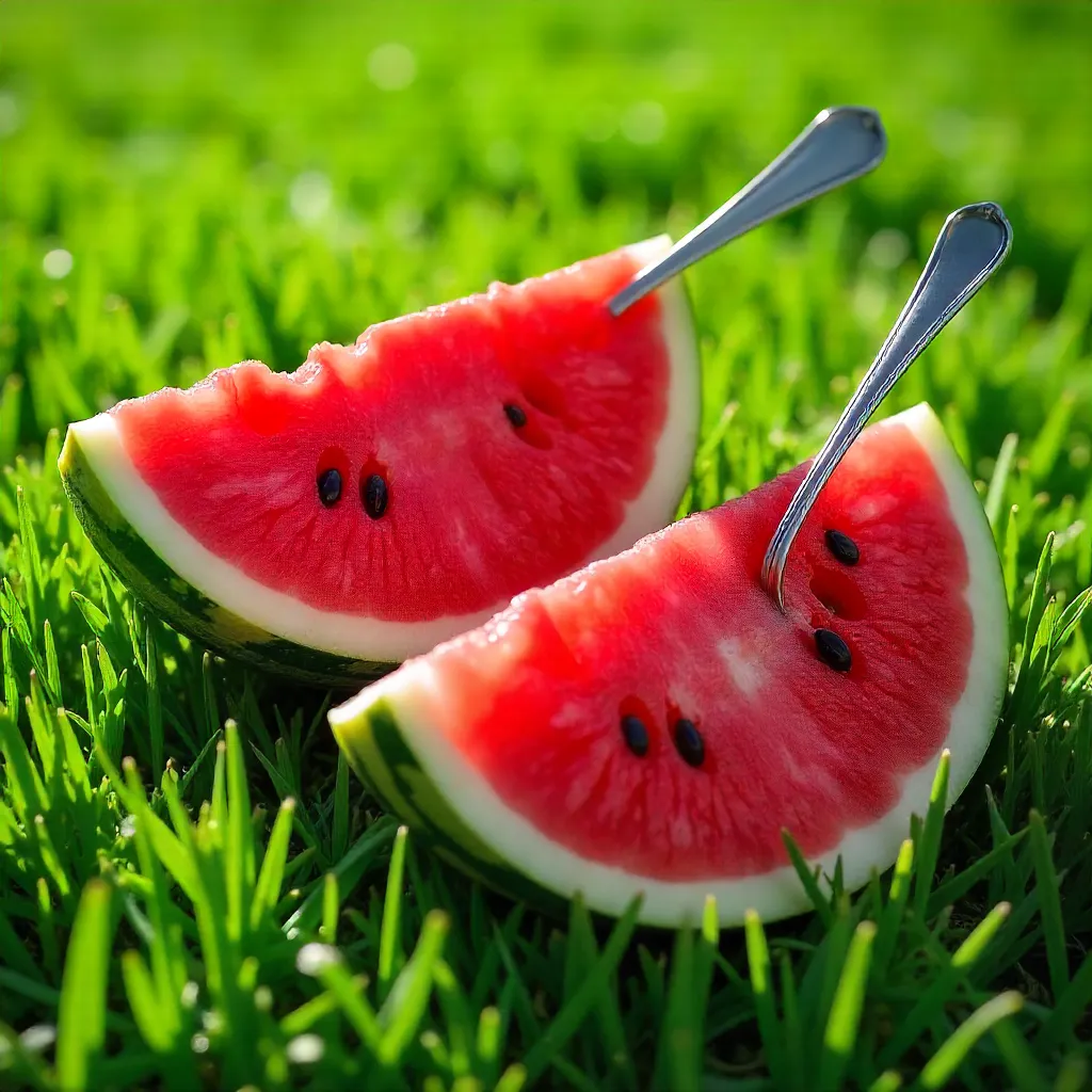 Sunlit Watermelon Halves on Grass