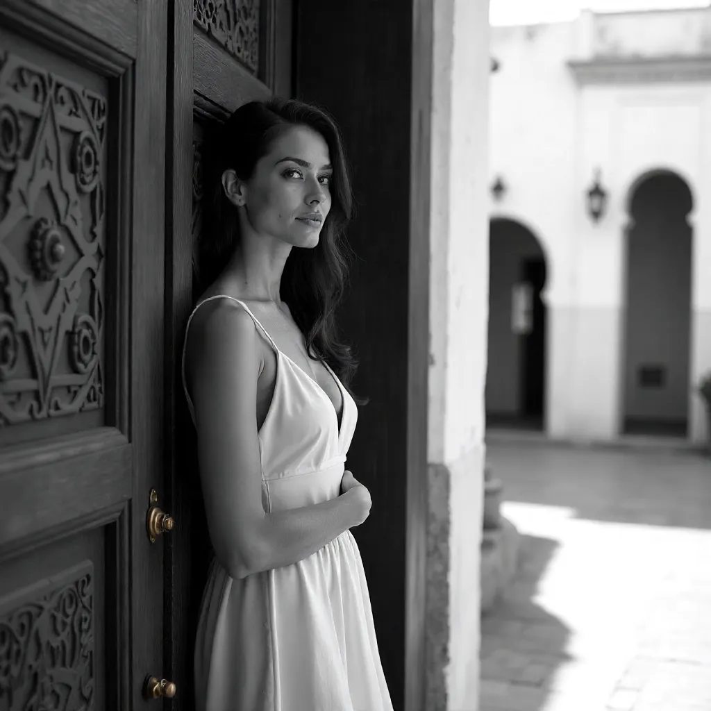 Monochrome Grace: Woman by a Rabat Door