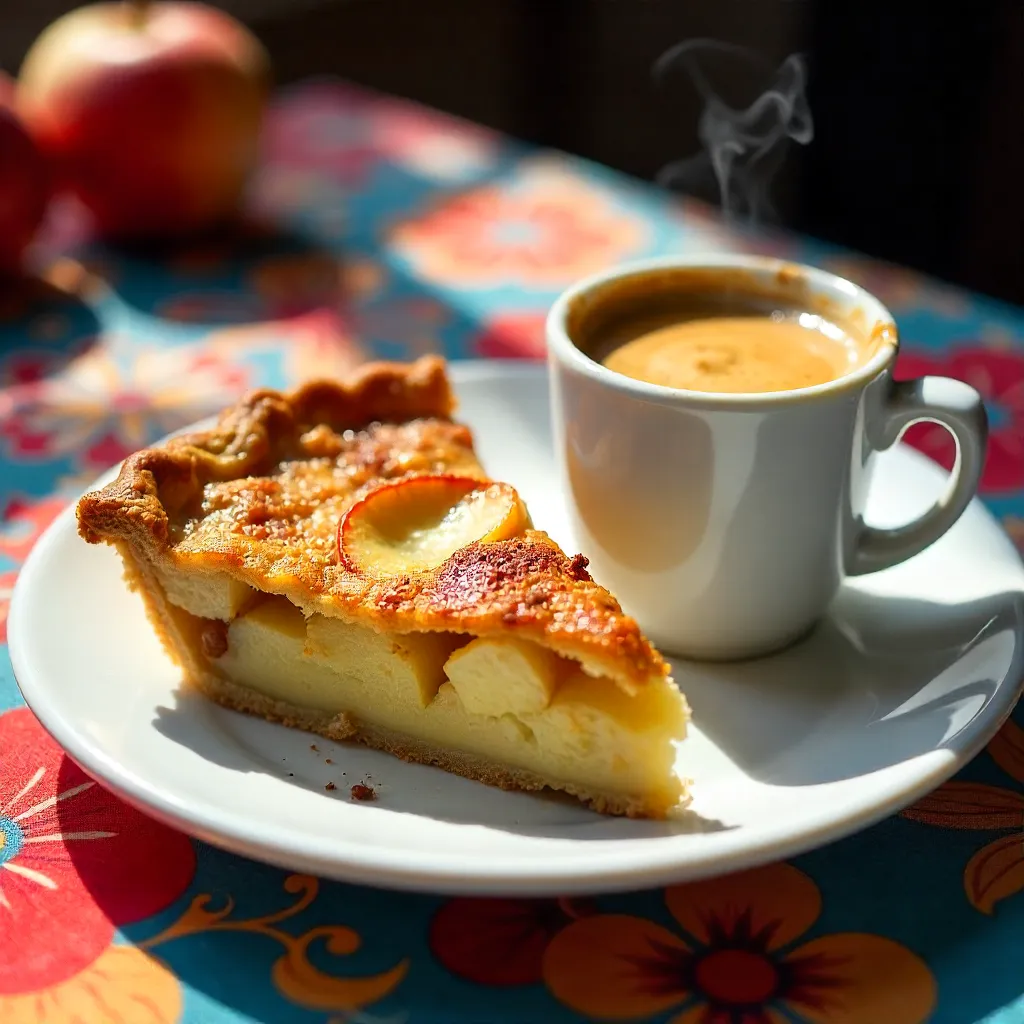 Sunlit Apple Pie Slice with Espresso on Colorful Tablecloth