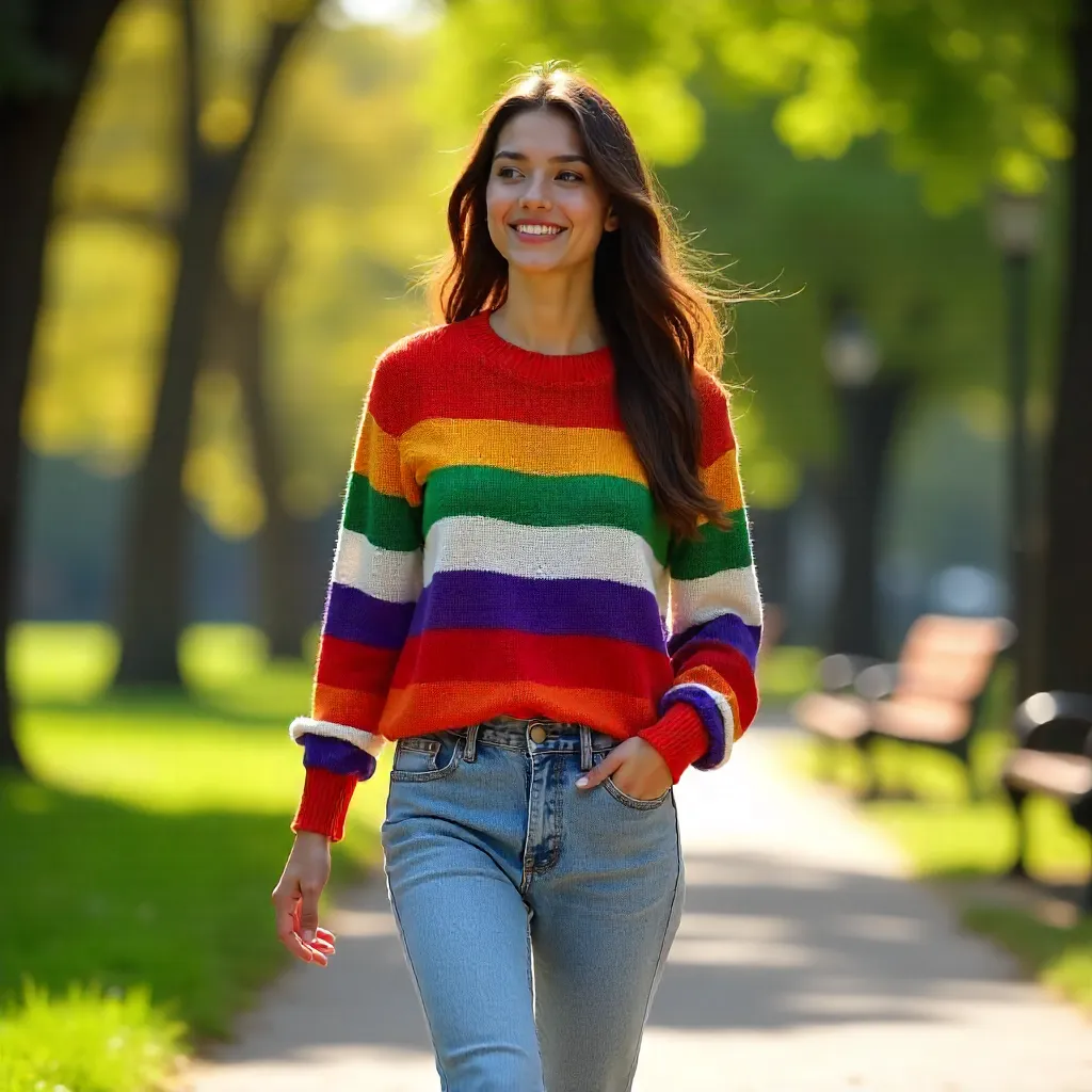 Casual Chic: Woman in Colorful Striped Sweater
