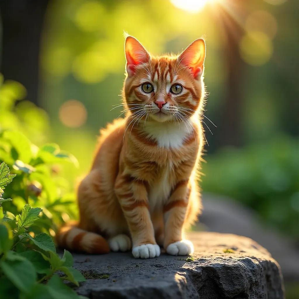 Sunny Ginger Tabby Cat on a Rock Amid Greenery