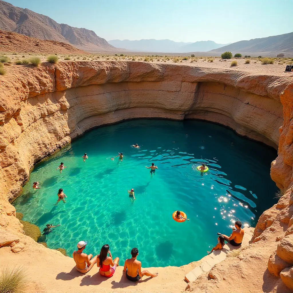 Sunlit Tourists at Bimmah Sinkhole, Oman