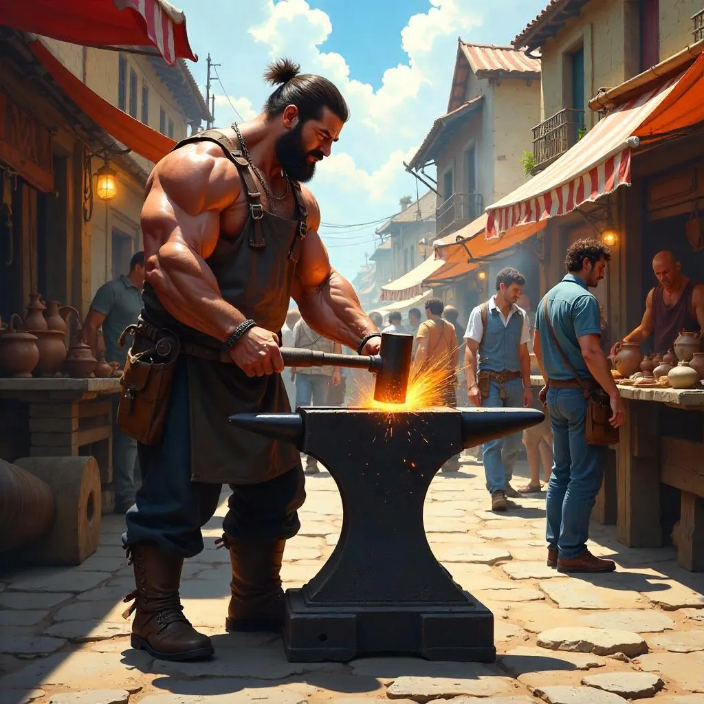 Blacksmith in a Bustling Market Forge