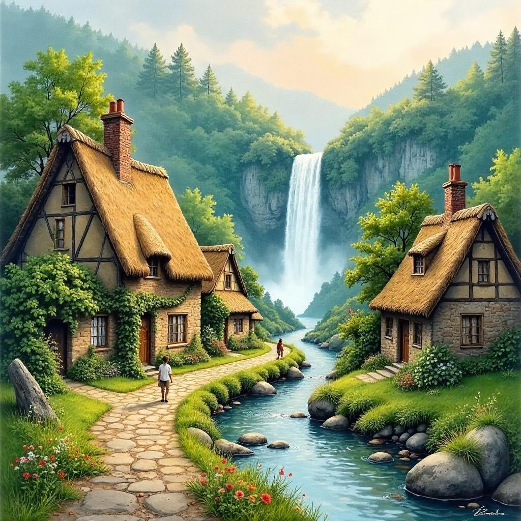 Watercolor Village by a Misty Waterfall