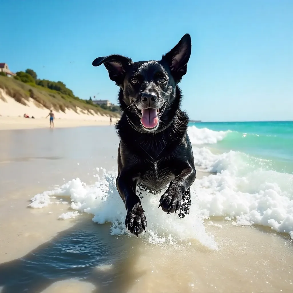 Joyous Black Dog Frolics at La Lucila del Mar Beach
