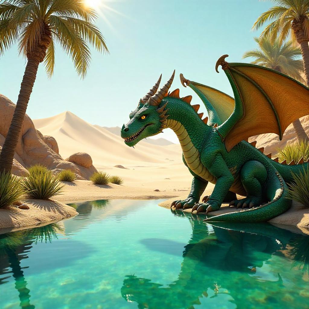 Photorealistic Dragon Resting in a Desert Oasis
