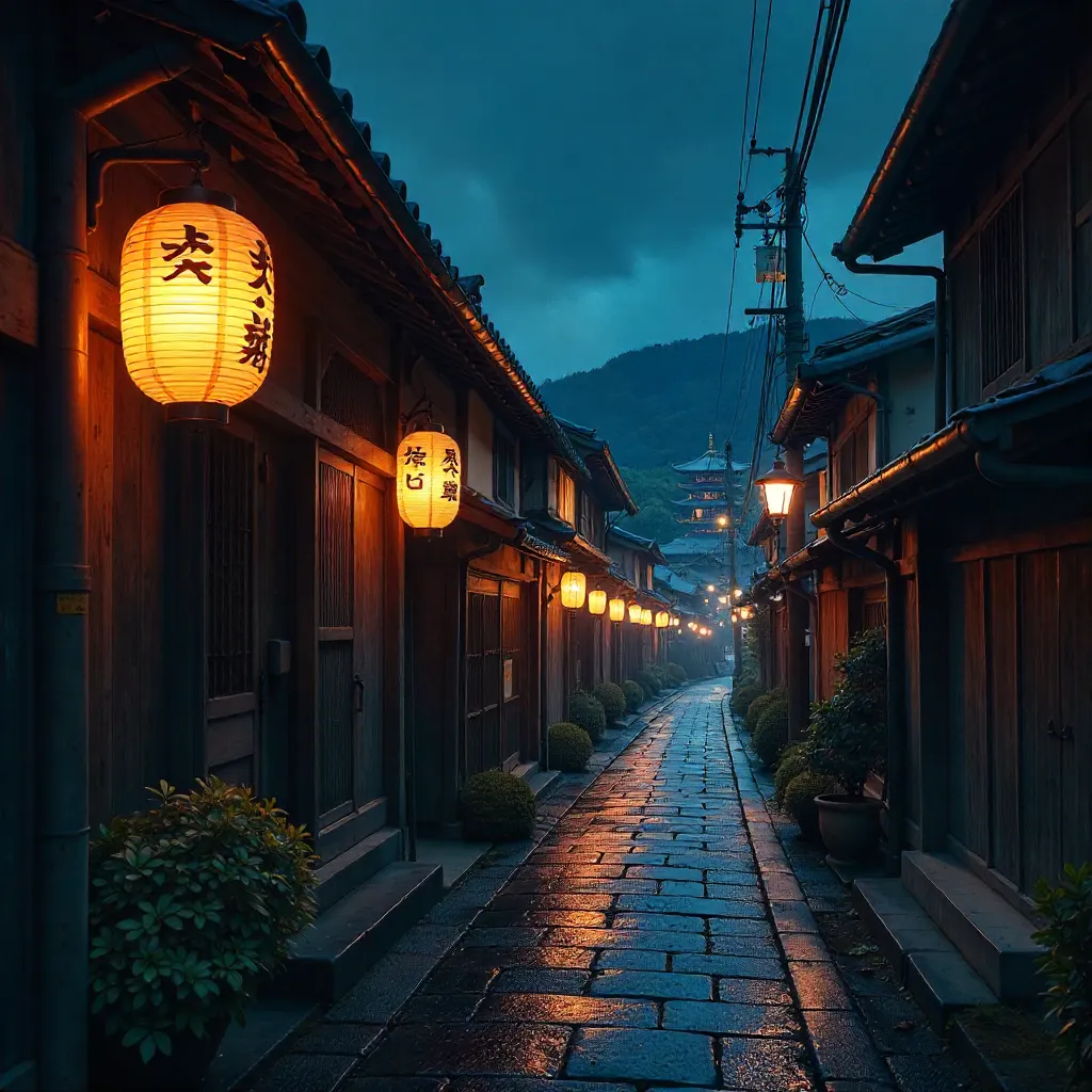 Ethereal Lantern Glow Over Kyoto's Night Streets