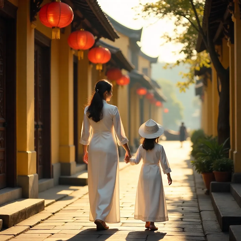 Mother and Daughter in White Ao Dai in Hội An