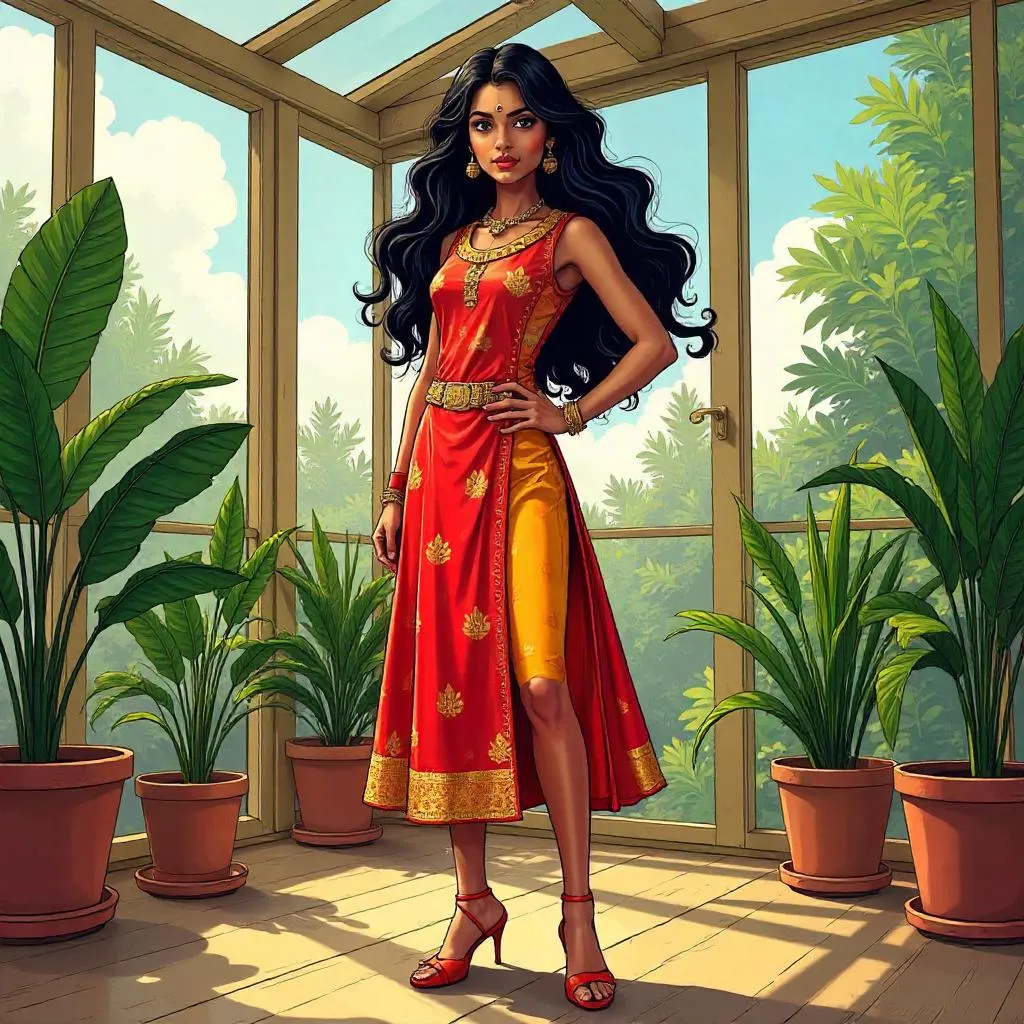 Sunlit Indian Girl in a Comic Book Sunroom