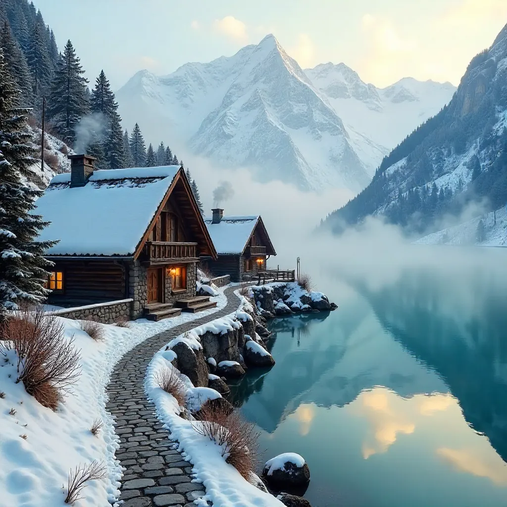 Winter Mist over Mountain Village and Lake