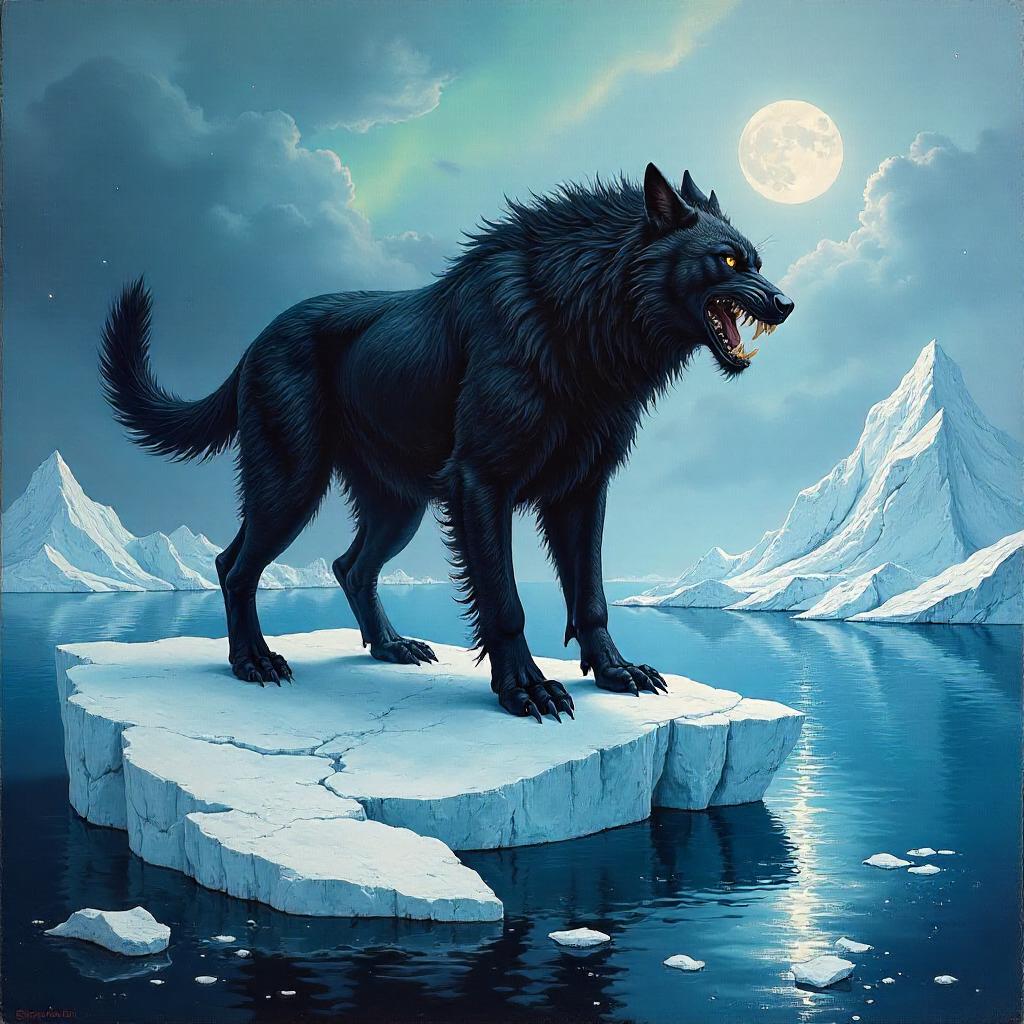 Cerberus Among Icebergs: An Oil Painting