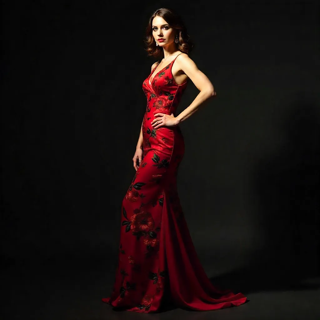 Cinematic Night Glamour: Red Floral Dress Pose