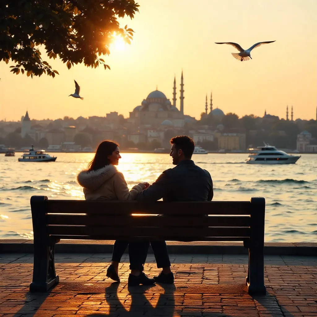 Lovers on a Bosphorus Bench: Istanbul Waterfront Scene