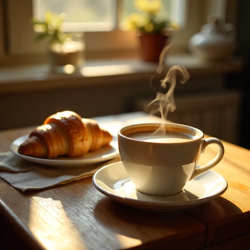 Cozy Morning: Coffee and Croissant on a Sunlit Table