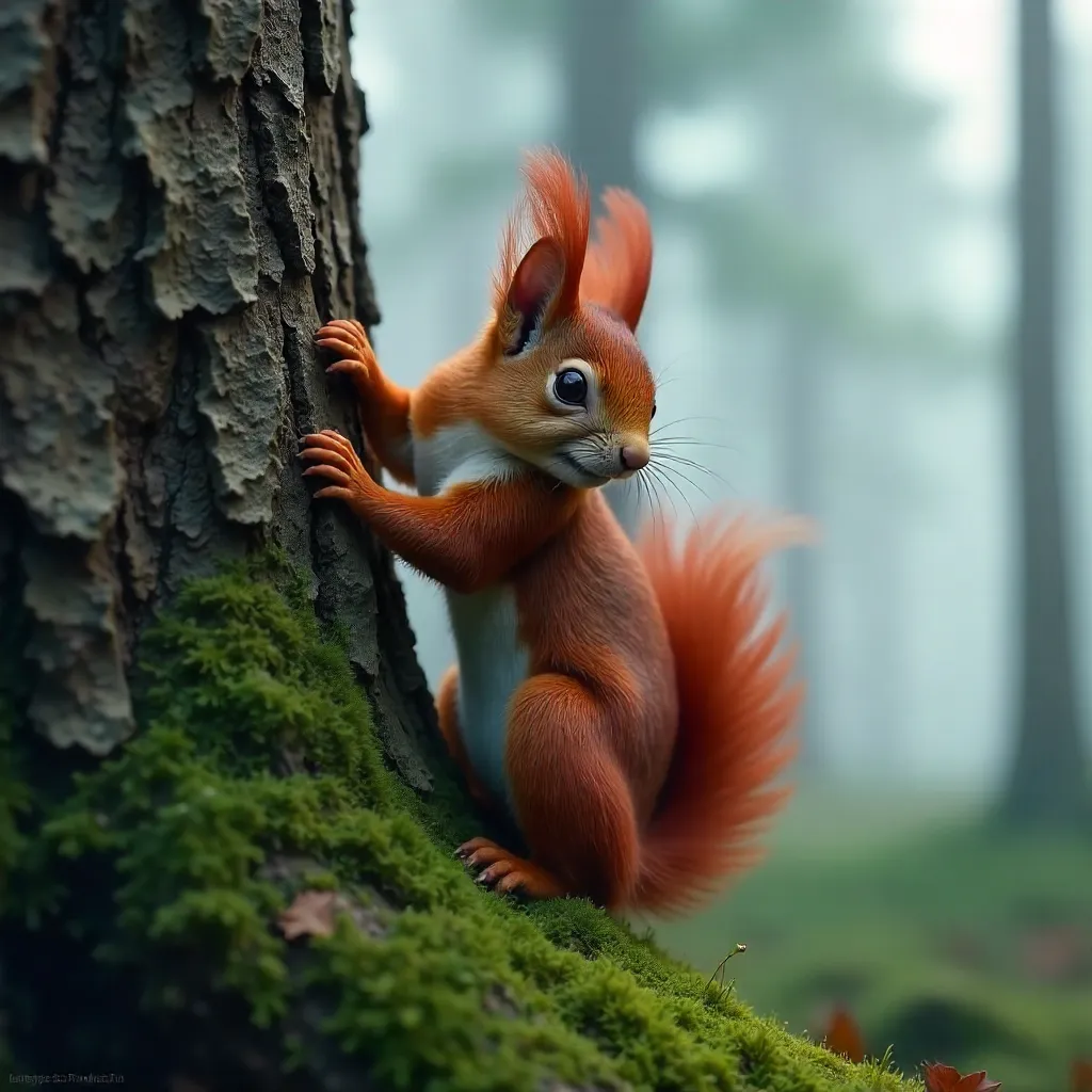 Red Squirrel Clinging to Foggy Forest Trunk
