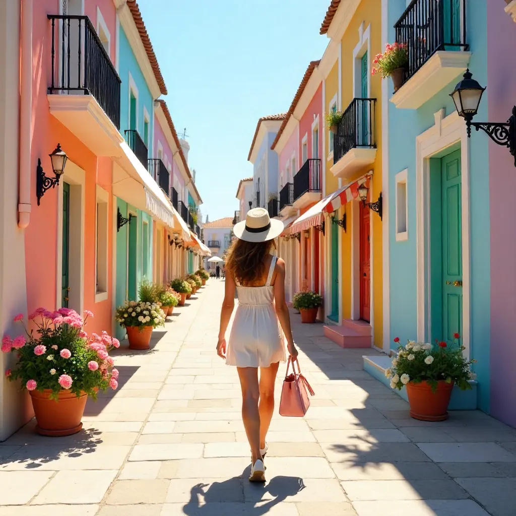 Pastel Streetside Stroll on a Sunny Day