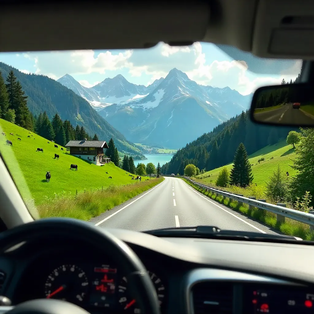 Window View: Scenic Swiss Alpine Countryside Drive