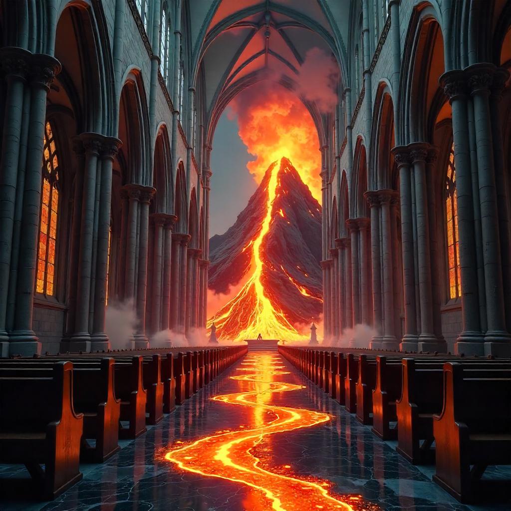 Volcano Inside a Gothic Cathedral - 3D Render