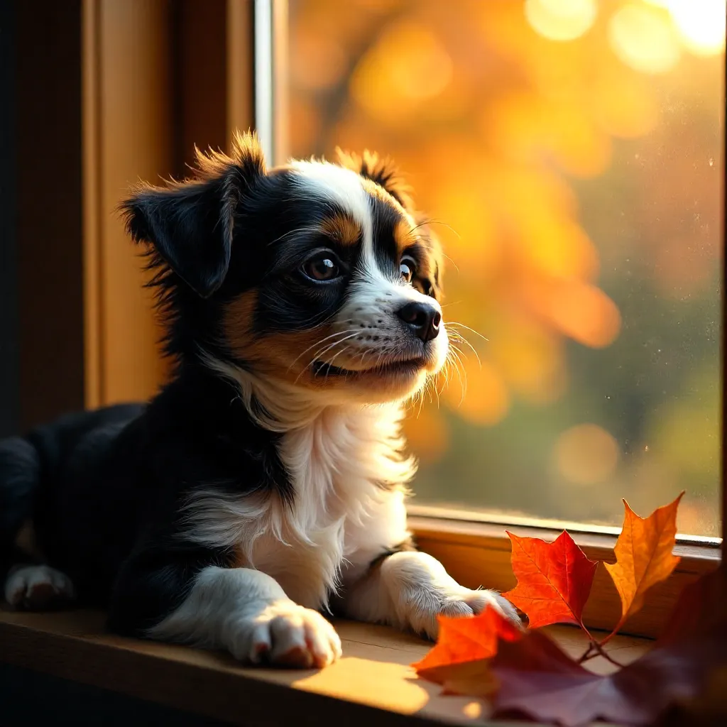 Autumn Sunlit Windowsill with a Tiny Black-and-White Dog