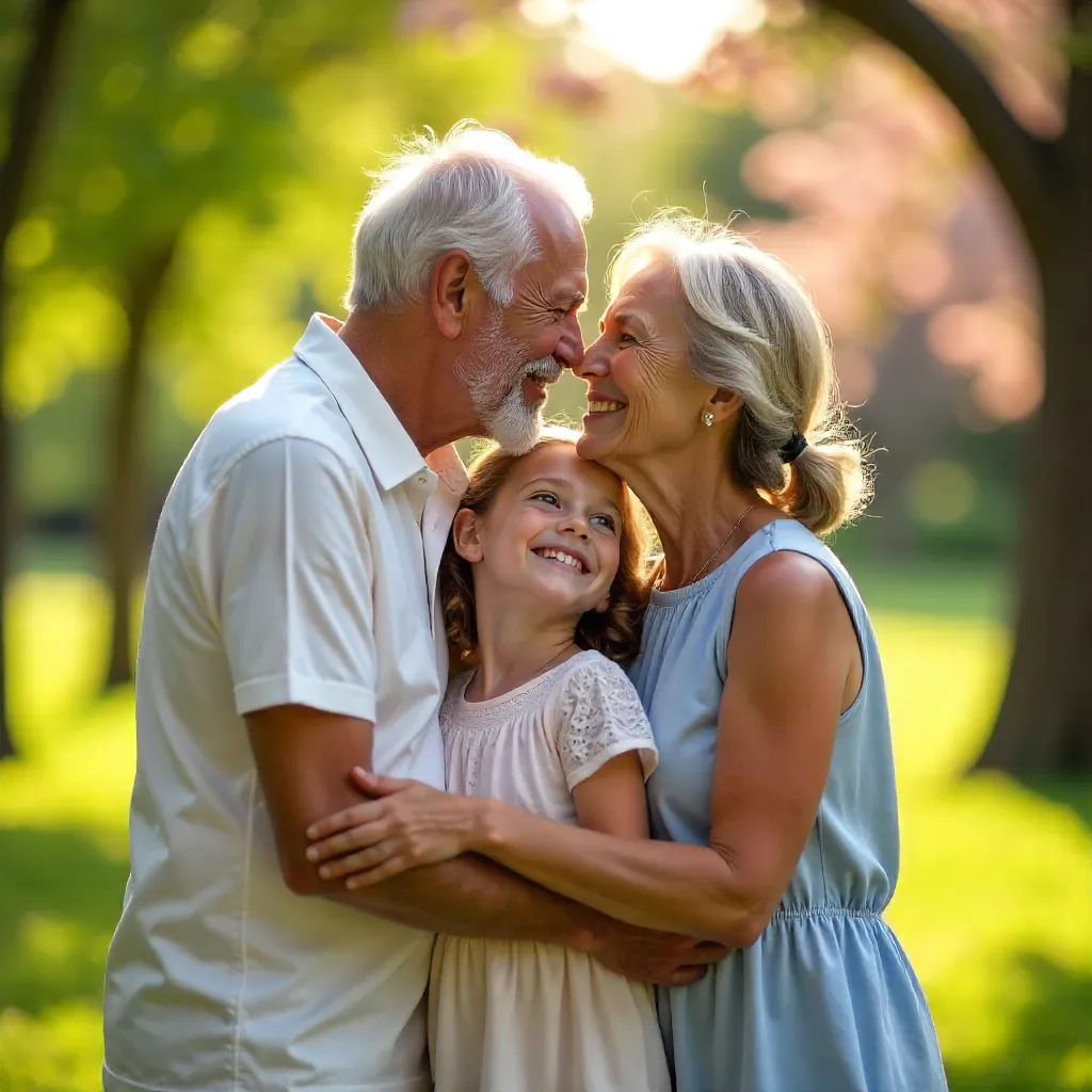 Bright daylight embrace: Grandparents with granddaughter