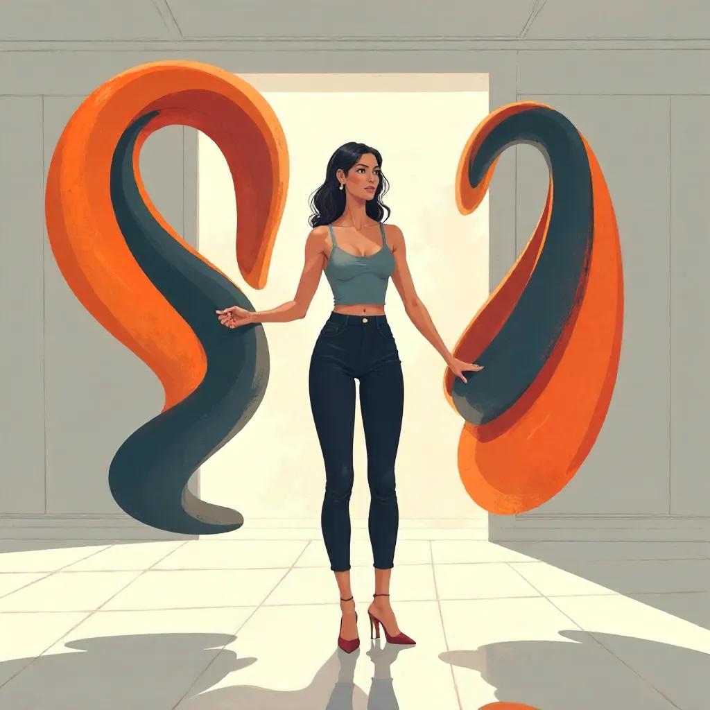 Confident Woman with Abstract Sculptures in Gallery