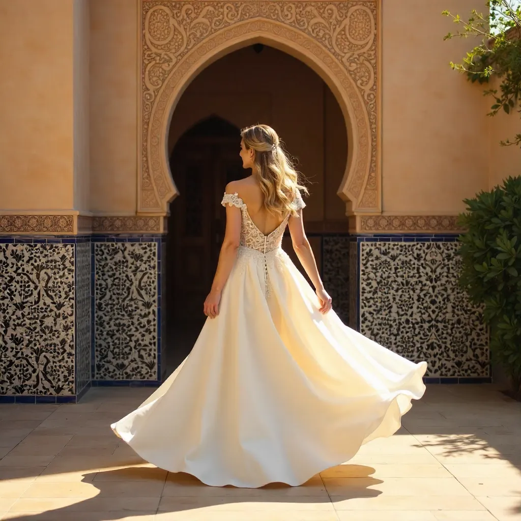 Blurred Bride Twirls Before Moroccan Wall