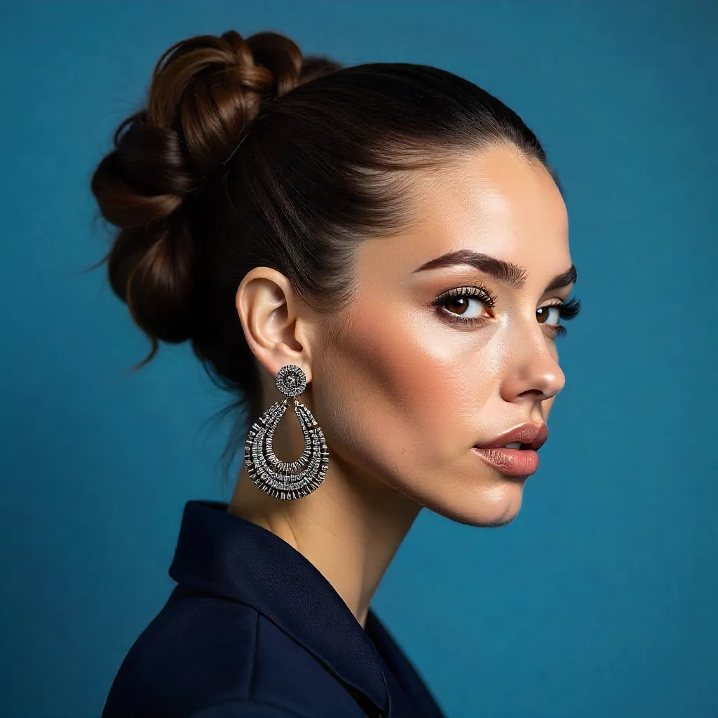 Elegant Bun Portrait with Statement Earrings